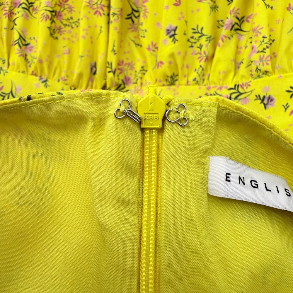 English Factory Floral Mini Dress Yellow Smocked Ruffle Sleeve Tiered M Babydoll - Picture 7 of 10